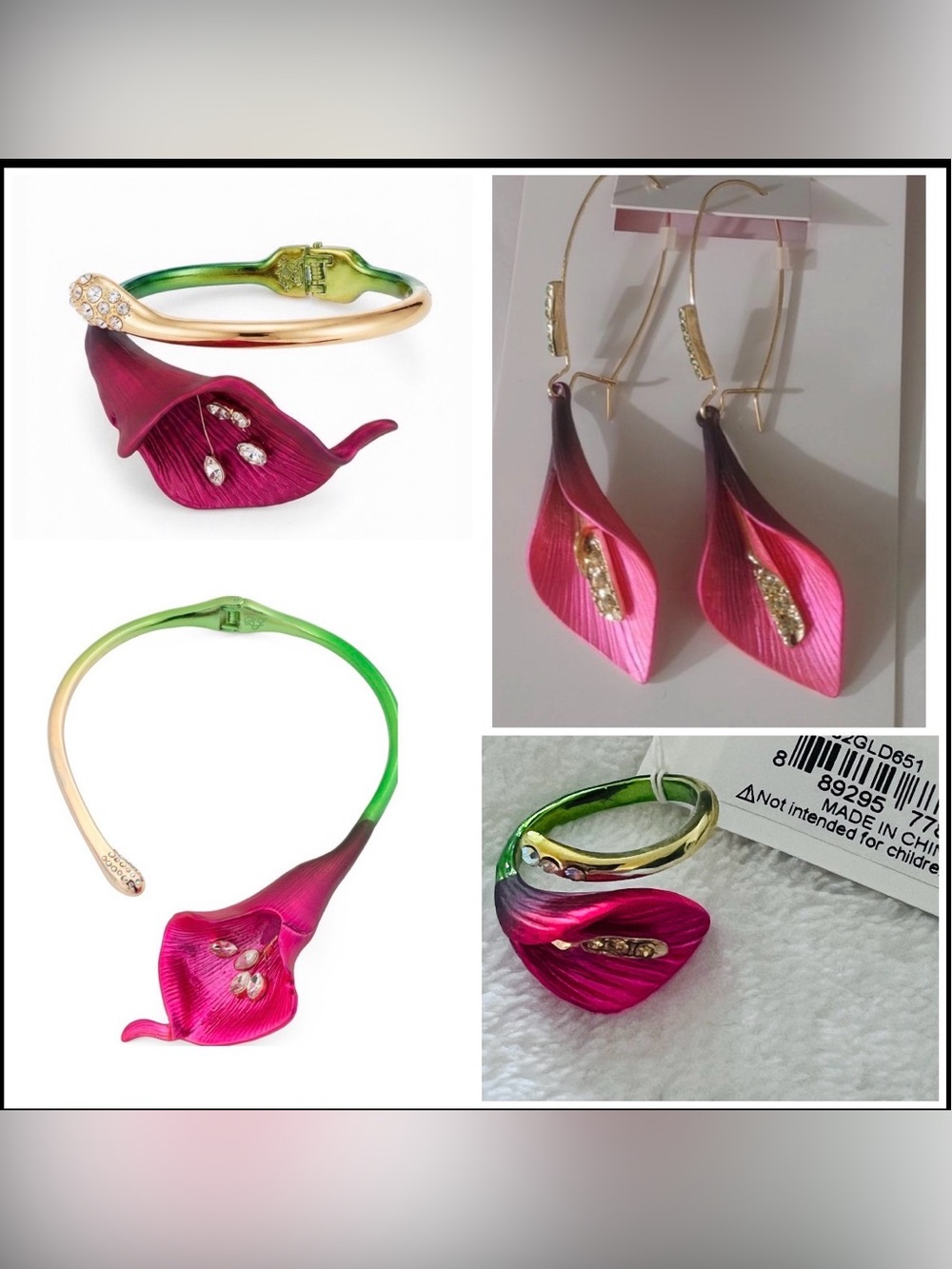 Betsey Johnson Calla Lily Statement Hinge Necklace, bracelet, ring and earrings